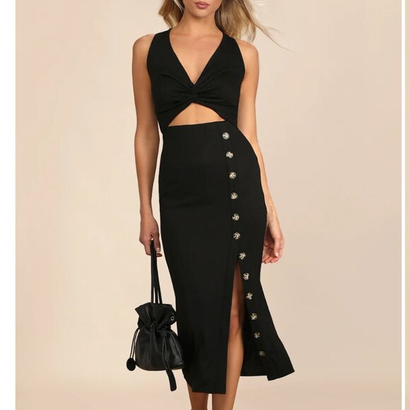 Lulu's Trend Seeker Black Ribbed Twist-Front Cutout Midi Dress - NEW - S - Picture 1 of 5